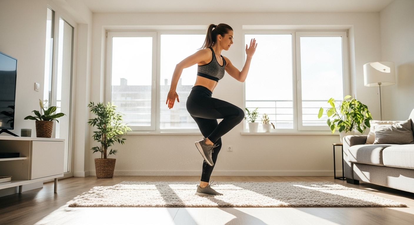 woman doing no-equipment home cardio workout in living room