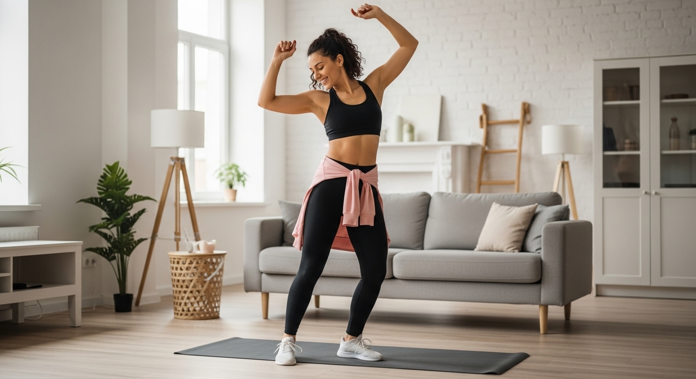 woman dancing at home during a fun aerobic cardio workout