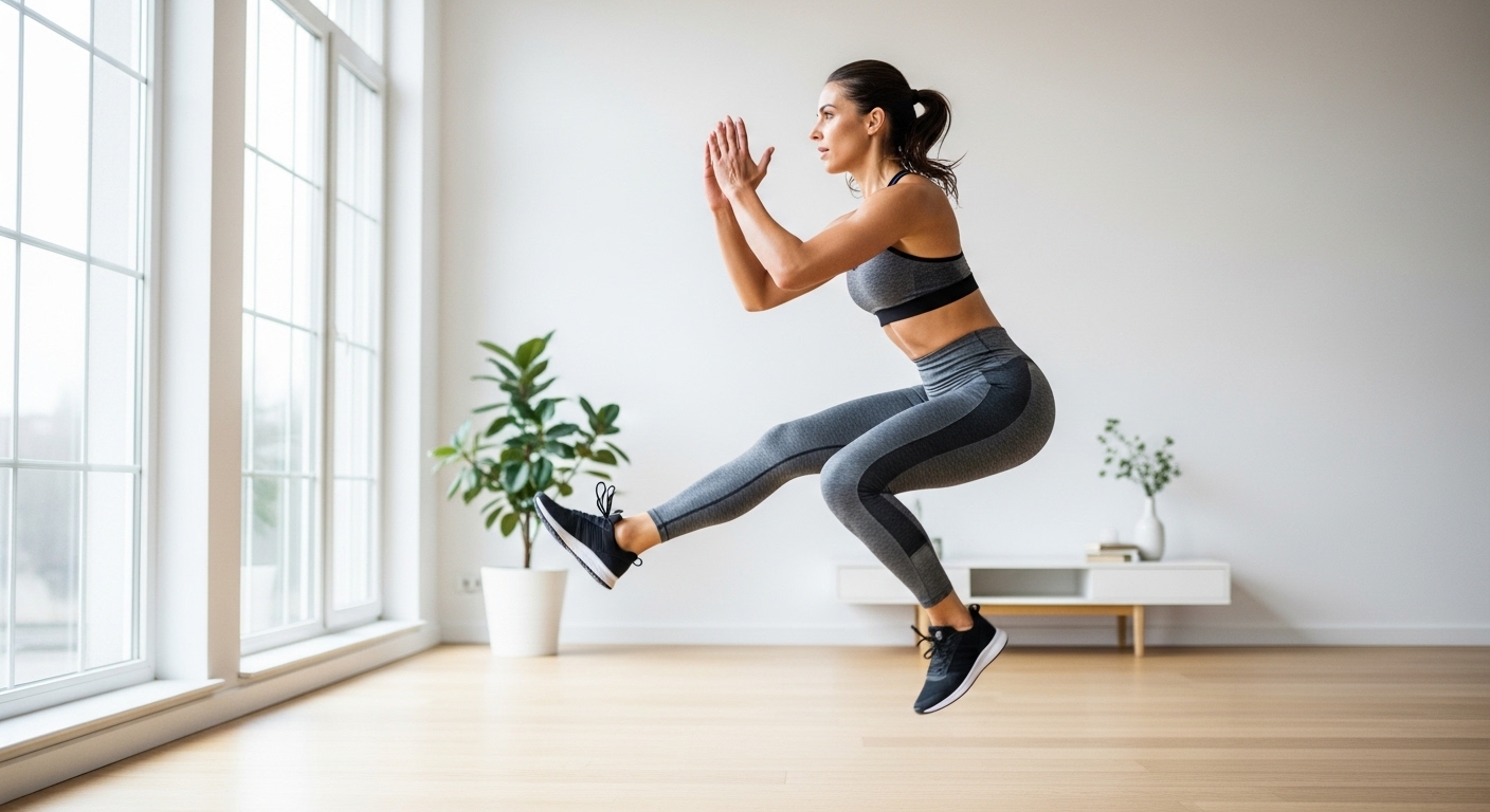 woman doing HIIT workout at home in a bright living room
