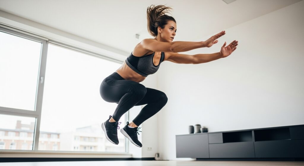 woman doing explosive HIIT cardio exercises at home