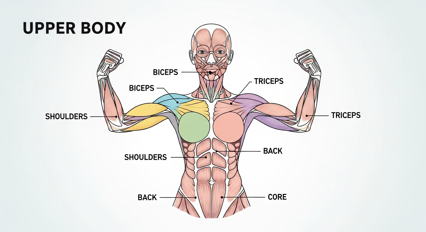diagram of upper body muscles for women showing shoulders, arms, chest, back, and core