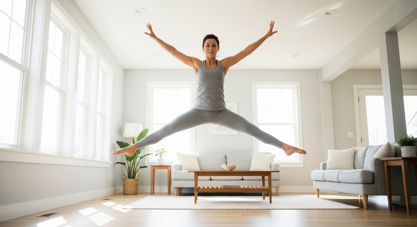 woman doing star jump exercise during home cardio workout