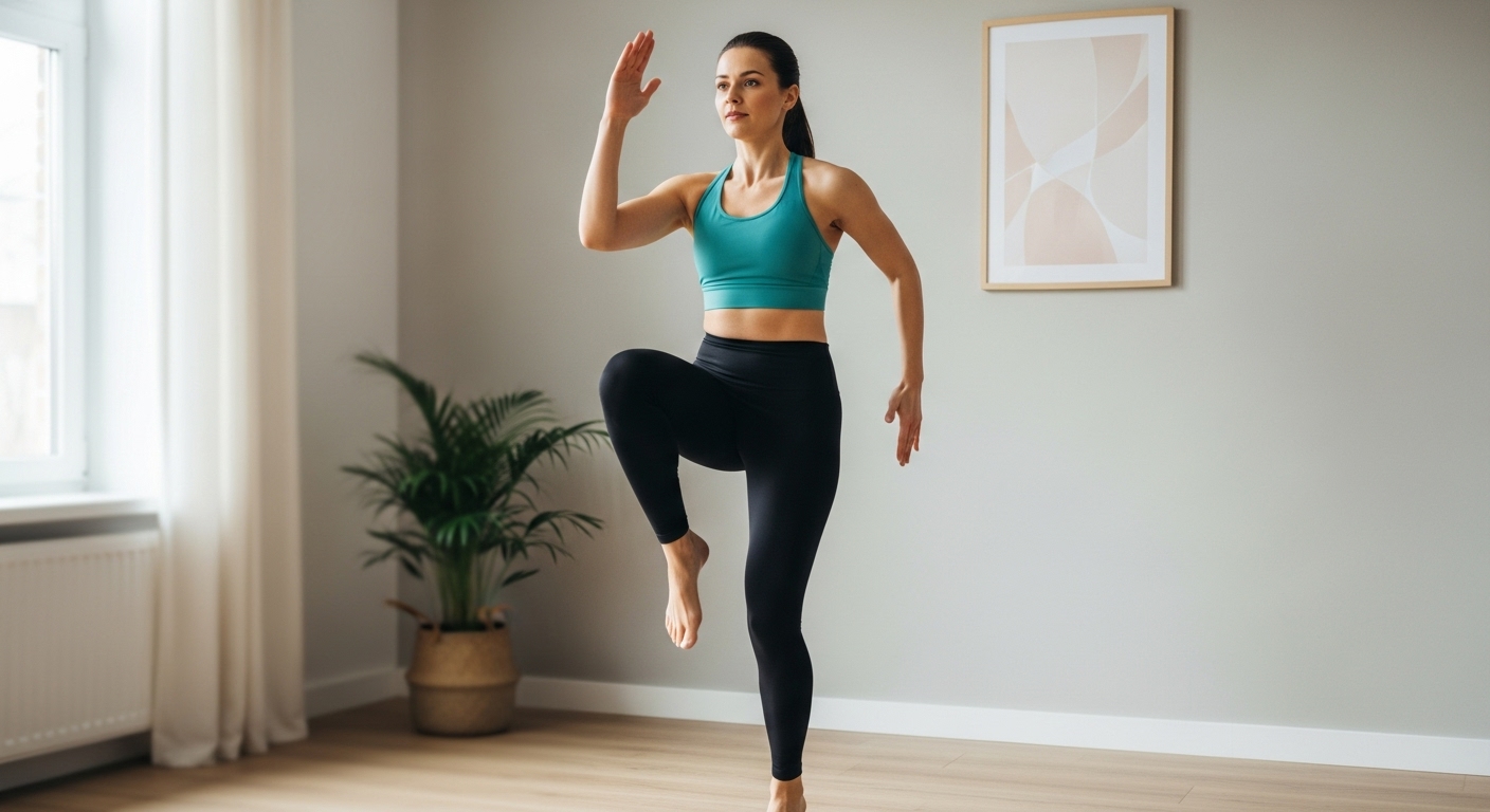 woman doing high knee running in place during home workout