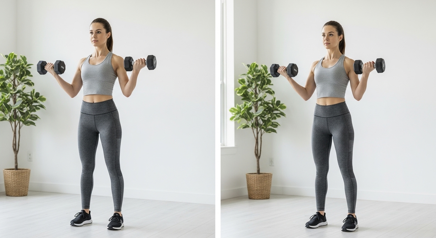 Collage of essential dumbbell exercises for women including goblet squats, rows, chest press, and curls.