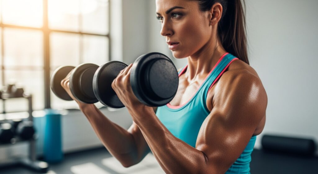 Close-up of a woman squeezing dumbbells during a curl to activate muscles.