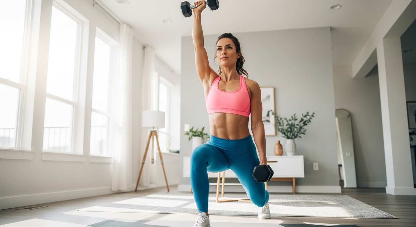 Woman performing a full-body home workout with dumbbells at home for weight loss.