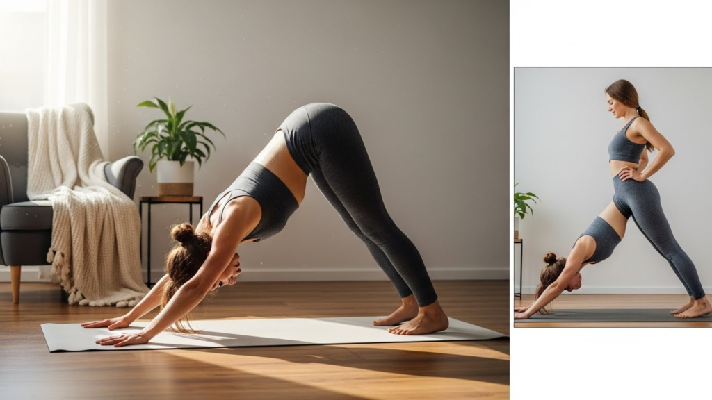 Woman demonstrating Downward Dog, Warrior II, Bridge Pose, and Child’s Pose in a home yoga routine.