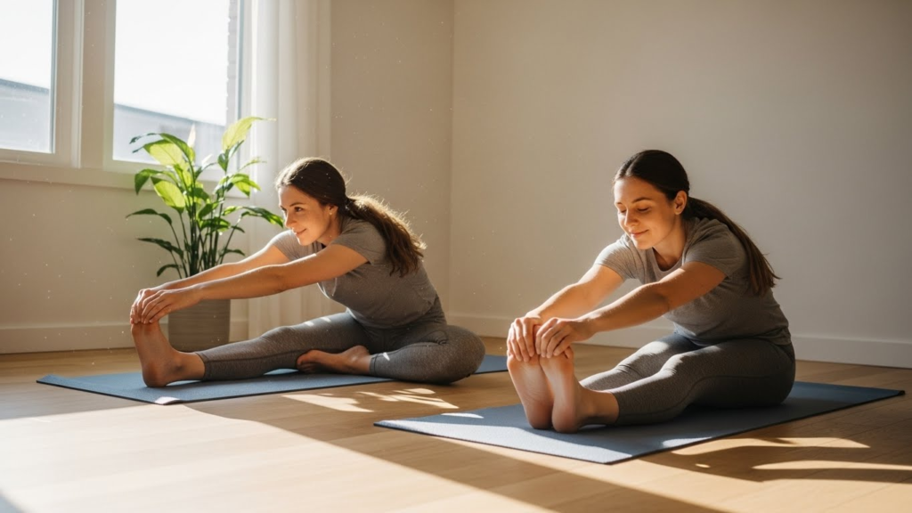 Woman performing seated hamstring and butterfly stretches to improve flexibility at home.