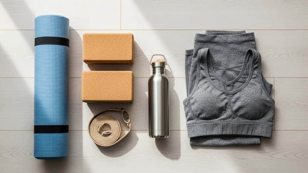 Flat lay of essential yoga gear including mat, blocks, strap, and clothes for a home yoga setup.