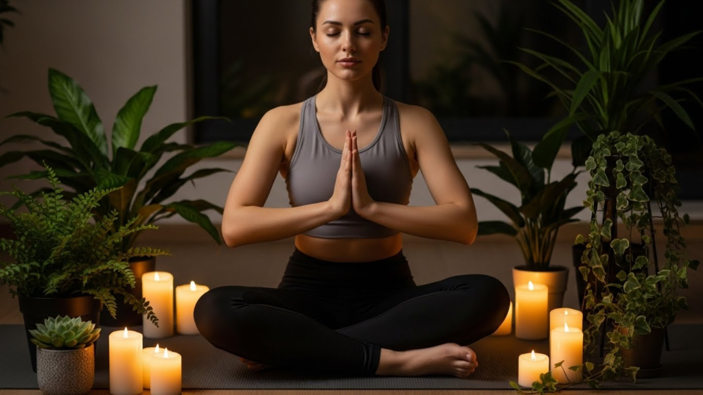 Woman meditating mindfully on a yoga mat to improve focus and emotional well-being.