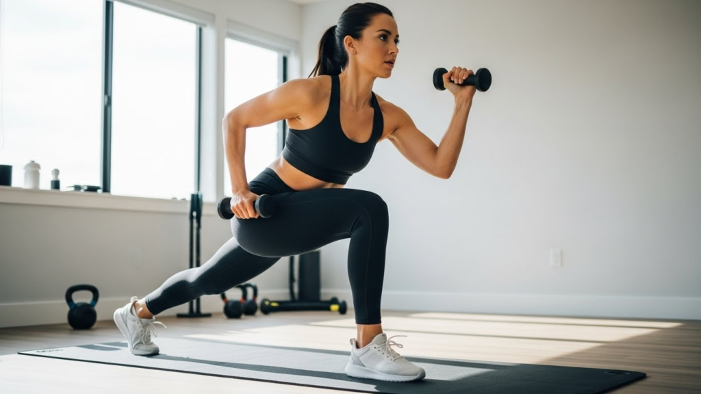 Woman performing squats at home while wearing a weighted vest for strength training.