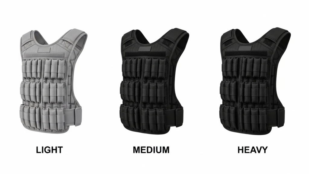 Comparison of light, medium, and heavy weighted vests for women.