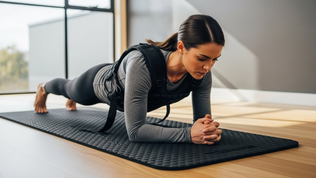 Woman holding a plank position while wearing a weighted vest to strengthen core muscles