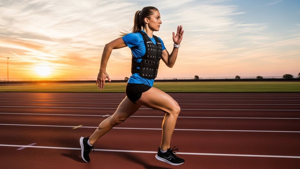 Female athlete running with a weighted vest on an outdoor track at sunrise.