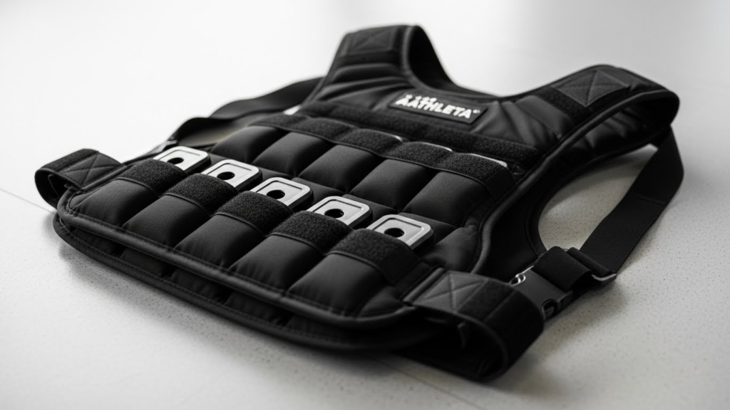 Close-up of an adjustable weighted vest with removable weights.