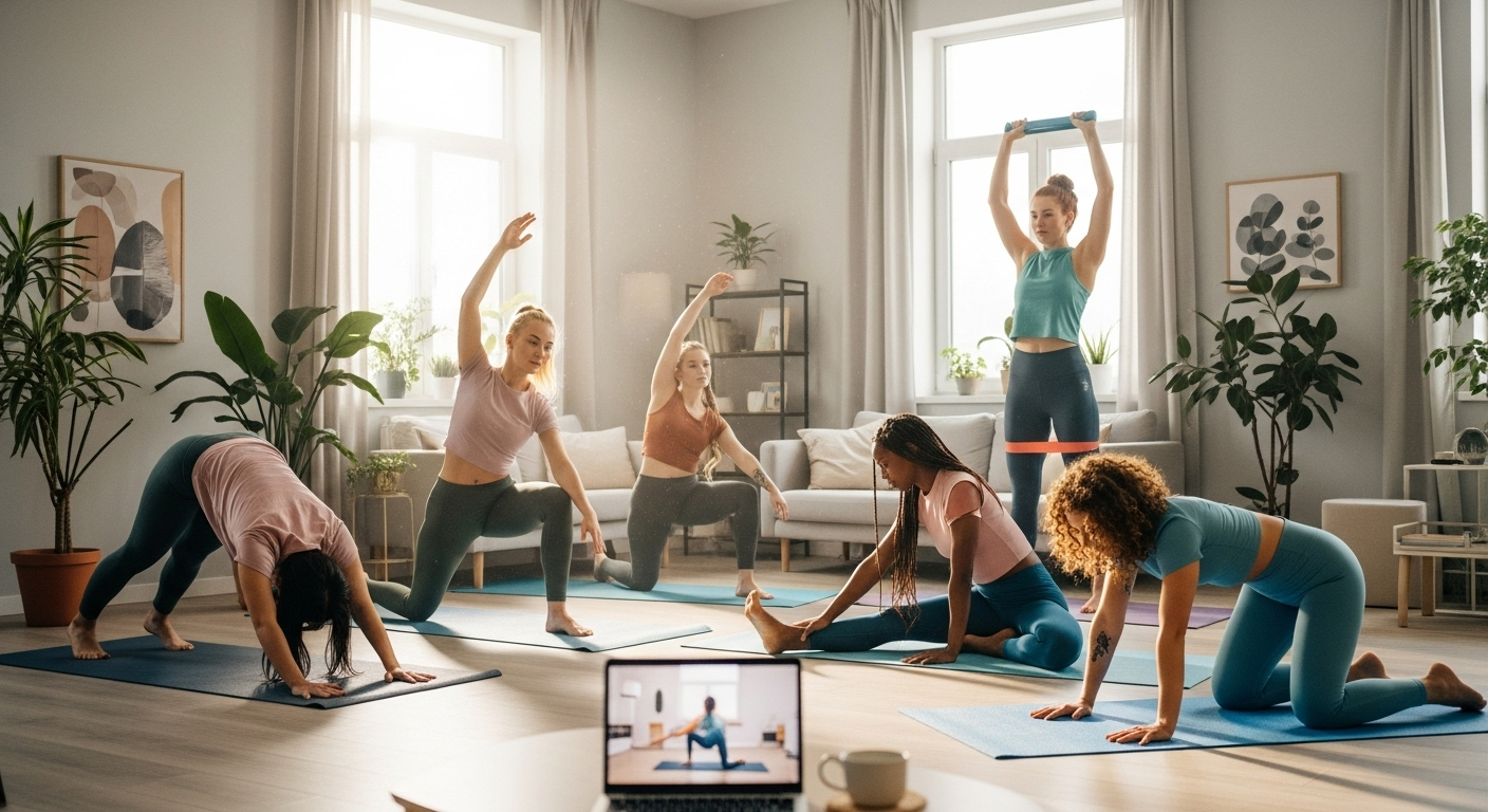 Yoga for women at home with stretching, flexibility, stress relief, and mindfulness workouts to boost fitness and well-being.