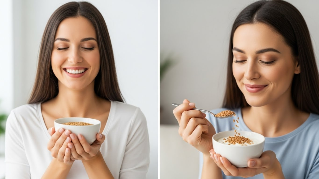 Close-up of raw wheat germ in a wooden spoon showing its natural golden texture.