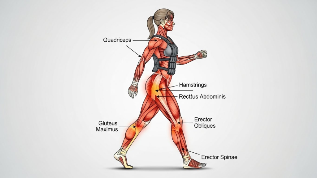 Diagram showing muscles worked during walking with a weighted vest