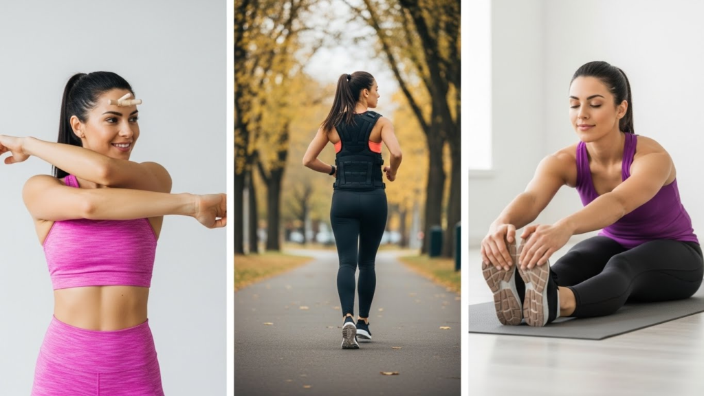 20-minute women’s weighted vest walking routine with warm-up and stretches