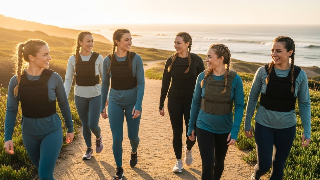 20-minute women’s weighted vest walking routine with warm-up and stretches