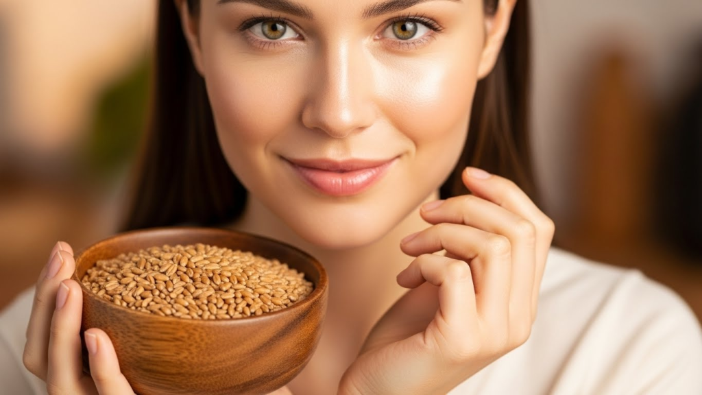 Smiling woman holding wheat germ bowl showing vitamin E benefits for skin and health.