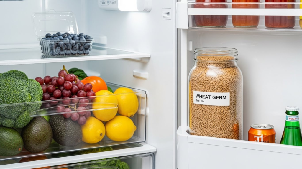 Proper storage of wheat germ in a refrigerator to maintain freshness and nutrients.